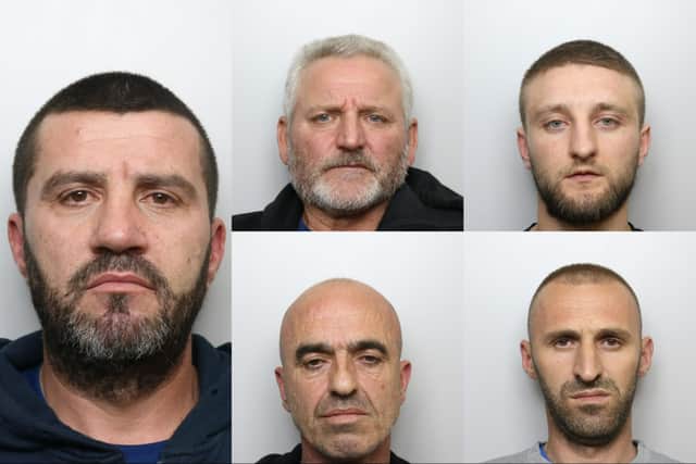 Clockwise from left, Aurel Alimucaj, Fejzi Canai, Emiliano Licaj, Ervin Mezyri, and Klemend Mezuri have been jailed after a raid on a cannabis farm in Leeds last year. Photo: West Yorkshire Police.