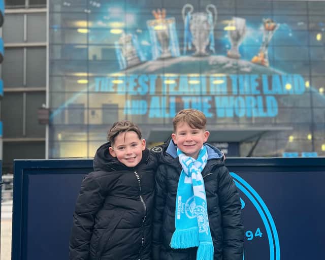 Young Luca, pictured here at the Etihad with best mate Lucas Blythe, is a huge Manchester City fan.