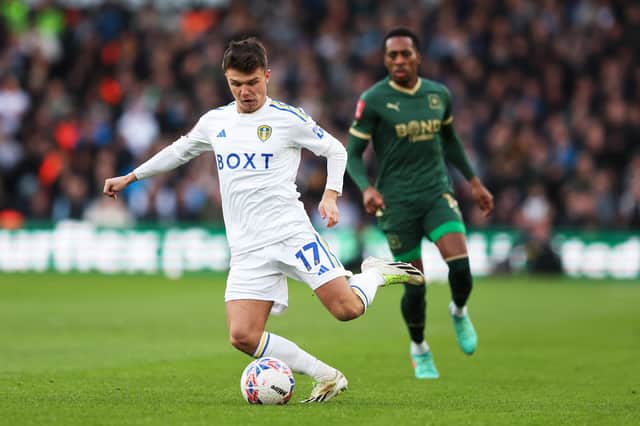 Jamie Shackleton of Leeds United passes the ball during the Emirates FA Cup Fourth Round match between Leeds United and Plymouth Argyle at Elland Road on January 27, 2024 in Leeds, England. (Photo by Matt McNulty/Getty Images)