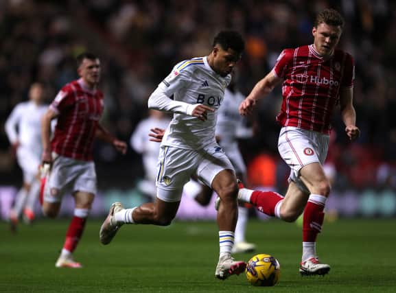  Georginio Rutter of Leeds United runs with the ball whilst under pressure from Rob Dickie of Bristol City during the Sky Bet Championship match between Bristol City and Leeds United at Ashton Gate on February 02, 2024 in Bristol, England. (Photo by Ryan Hiscott/Getty Images)