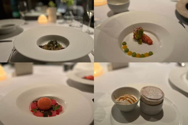 Clockwise from top left: The ravioli, BBQ langoustine, banana soufflé and Yorkshire ricotta and rhubarb (Photo by National World)