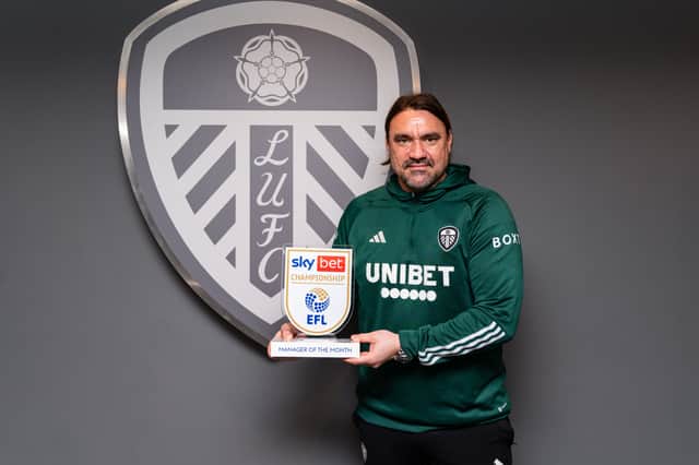 Leeds United boss Daniel Farke with his Manager of the Month Award for January