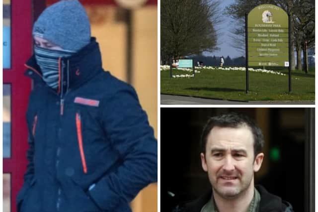 Paul Brister (left) leaving court this week after admitted exposing himself in Roundhay Park. He has previous convictions for  similar offences from 2013. The bottom-right photo showed him outside of court in 2013. (pics by National World)