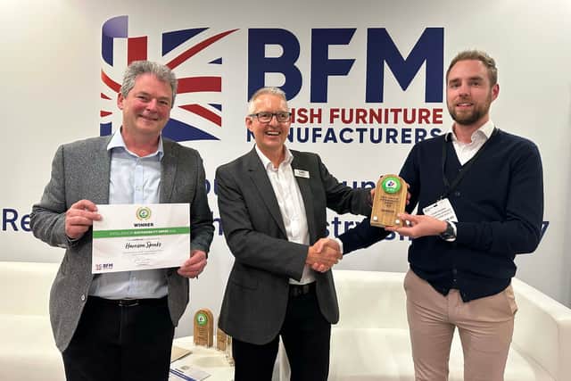 Harrison Spinks’ Ian Owen, left, BFM chairman Nick Garratt, centre, presents the Future of Furniture Excellence in ESG Reporting, Harrison Spinks’ Logan Palmer is pictured right.