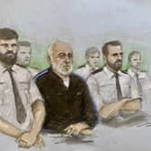 Court artist drawing by Elizabeth Cook of Piran Ditta Khan appearing at Leeds Crown Court charged with the 2005 murder of Police Constable Sharon Beshenivsky in Bradford.