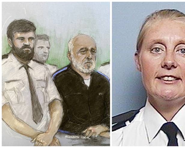 Court artist drawing by Elizabeth Cook of Piran Ditta Khan appearing at Leeds Crown Court charged with the 2005 murder of Police Constable Sharon Beshenivsky (right).