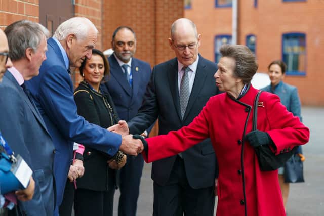 The Princess Royal meets Paul Caddick, Chair of Leeds Rhinos, during a Rugby League Reception to thank the community for their work raising money for Motor Neuron Disease (MND) Association at Headingley Stadium. Photo: Dominic Lipinski/Getty Images.