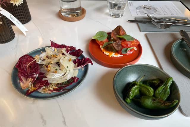 Left, the fennel and radicchio lettuce salad, with The Collective's heritage tomatoes, top, and the grilled padron peppers. Photo: National World.