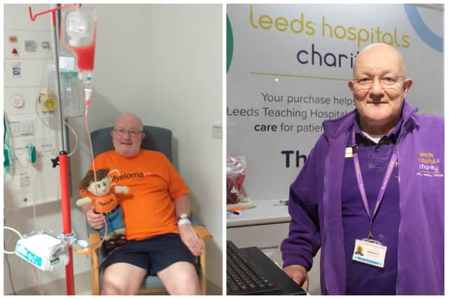 Steven Scupham, who has been nominated for two Yorkshire Choice Awards 2024, receiving treatment for cancer (left) and volunteering at Leeds Hospital Charities (right). Photo: Steven Scupham