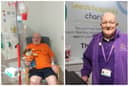 Steven Scupham, who has been nominated for two Yorkshire Choice Awards 2024, receiving treatment for cancer (left) and volunteering at Leeds Hospital Charities (right). Photo: Steven Scupham 