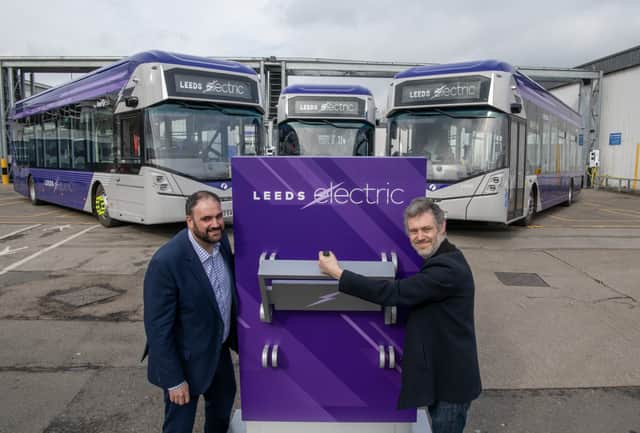 Andrew Cullen and Coun Peter Carlill ‘switch on’ West Yorkshire’s largest fleet of zero emission buses. Picture: Tony Johnson