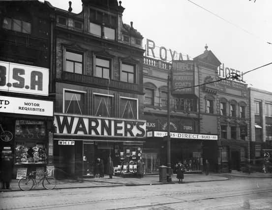 Shops on Briggate, from left, are Watson Cairns, Direct Woollen Co, Royal Hotel, Lamberts Chambers. Entrance to Bowers Yard and Whip pub can also be seen. Pictured in March 1936. 