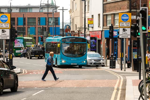 Buses in Leeds - Stock Image.