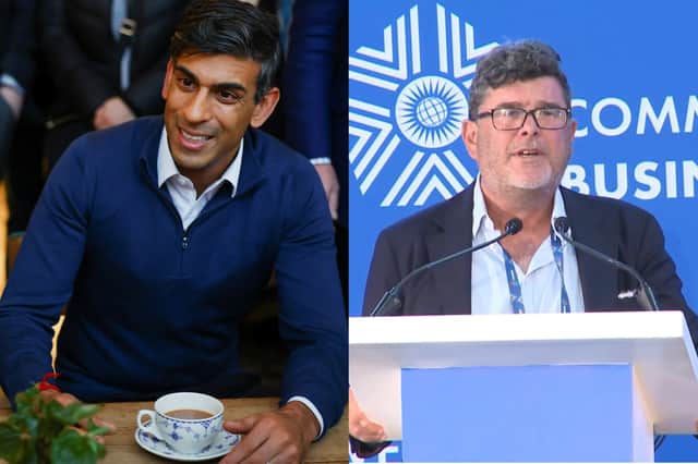 Rishi Sunak accepted a donation for a helicopter ride worth almost £16,000 on the day he visited Leeds, gifted by Frank Hester's company (Photo left by Molly Darlington/PA Wire /Photo right by CHOGM Rwanda 2022/YouTube/PA Wire)