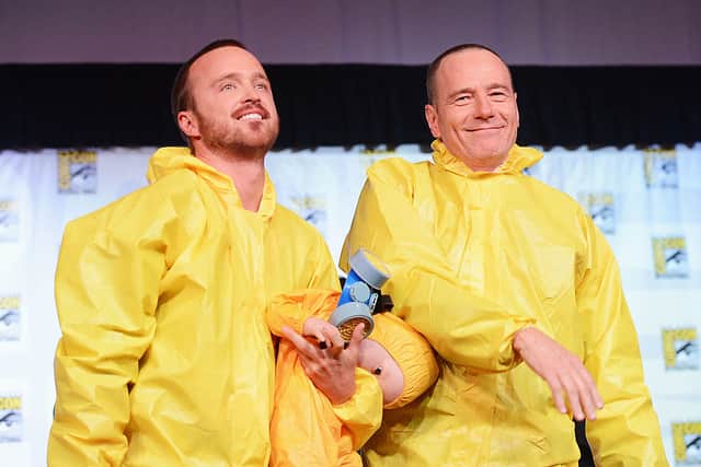 Actors Aaron Paul and Bryan Cranston of Breaking Bad, a popular Netflix drama about the pair's unlikely partnership to make illegal drugs in makeshift labs. (pic by Getty)