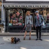 With guest canine models Heidi and Ruby - Jess wears: Pink Arthur Shirtley shirt, £120; grey Abraham Moon skirt, £109, and blazer, £270, all stocked at Abraham Moon. Jet and pearl bracelet, £182.95, and necklet, £498, both W Hamond; black zip heels, £99, Carvela Kurt Keiger. Josh wears: White Holland Esquire shirt, £90; grey Holland Esquire blazer, Â£375; red fox tie, £15; grey flat cap, £38, all stocked at Abraham Moon. Jeans, model's own; shoes, by Kurt Geiger. Picture James Hardisty. Styling and shoot production: Stephanie Smith. Hair: Emma Tierney at Ross Charles. Make-up: Ash Fehners.