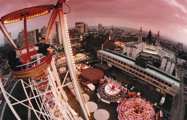 Up, up and away for the best possible view of the city's skyline in February 1993. Hundreds of people flocked to the first ever Valentine Fair on The Headrow. And as the young at heart discovered from the top of the giant Ferris Wheel, Leeds looks a different world.