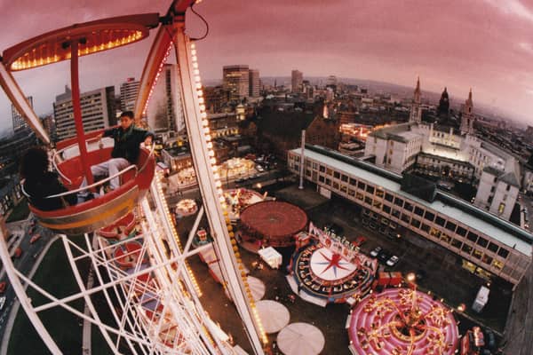 Up, up and away for the best possible view of the city's skyline in February 1993. Hundreds of people flocked to the first ever Valentine Fair on The Headrow. And as the young at heart discovered from the top of the giant Ferris Wheel, Leeds looks a different world.