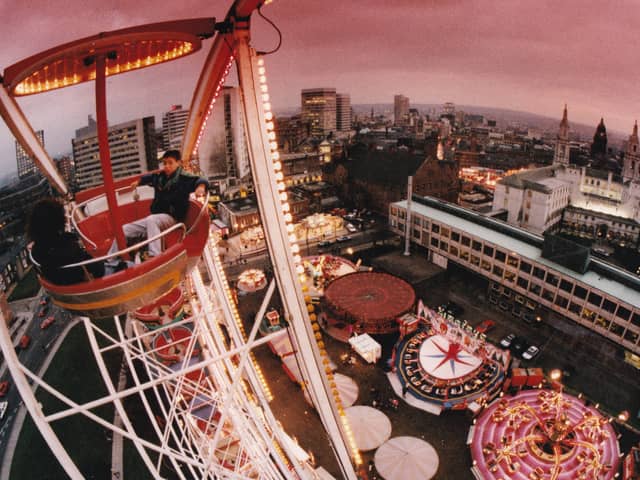 Up, up and away for the best possible view of the city's skyline in February 1993. Hundreds of people flocked to the first ever Valentine Fair on The Headrow. And as the young at heart discovered from the top of the giant Ferris Wheel, Leeds looks a different world.