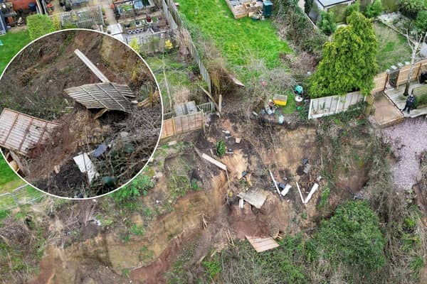 Damage done to a garden in the Black Country due to a landslide. Residents have been left 'living on the edge of a cliff' and fear their homes could be lost after a giant landslide began slowly destroying their gardens.