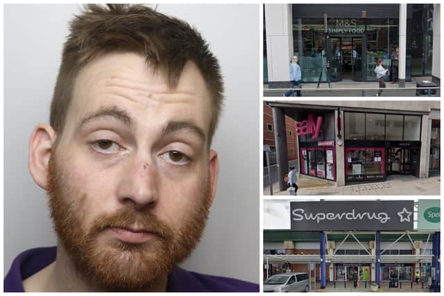 Nye stole from store sin lucing M&S, Sally and Superdrug, but he had hit jail sentence cut this week. (pics by WYP / Google Maps)