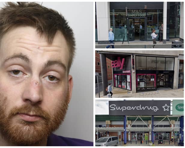 Nye stole from store sin lucing M&S, Sally and Superdrug, but he had hit jail sentence cut this week. (pics by WYP / Google Maps)