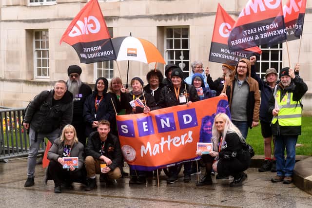 School support staff and parents groups rallied outside Leeds Civic Hall today. Picture: Simon Hulme