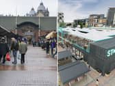 Leeds' current outdoor area at Kirkgate Market and, right, a CGI picture showing what the planned new food village could look like. Picture: Leeds City Council.