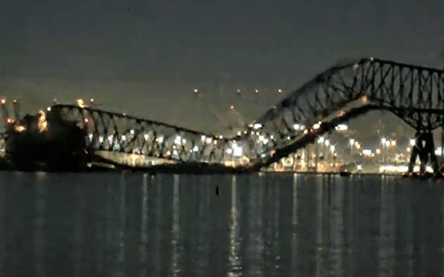 The Francis Scott Key Bridge in the US city of Baltimore collapsed after a cargo ship crashed into it. (Credit: StreamTime Live/YouTube)