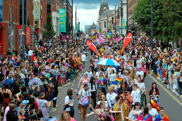 Around 75,000 people celebrated Leeds Pride in the city centre last year. Photo: Steve Riding.