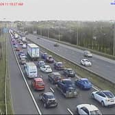 Traffic has built up on the M62 eastbound near Huddersfield