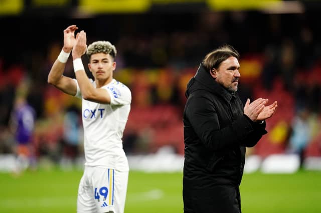 READY: Leeds United striker Mateo Joseph, left, upon being sent on by boss Daniel Farke, right, at Watford.