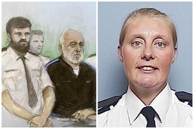Court artist drawing by Elizabeth Cook of Piran Ditta Khan appearing at Leeds Crown Court charged with the 2005 murder of Police Constable Sharon Beshenivsky (right). Photo: PA.