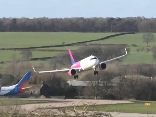 Hair-raising footage shows plane abort landing at Leeds Bradford Airport during Storm Kathleen.