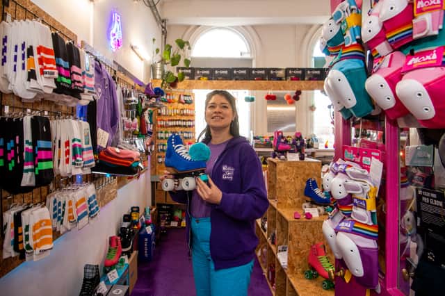 Melissa Blackwood, owner of Roller Girl Gang, inside her retail shop in the Corn Exchange. Photo: James Hardisty 