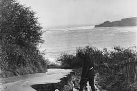 Movement of land caused damage to a road leading down into Runswick Bay in November 1966. The road cracked and, in parts, sank by as much as three feet  after cliff movement. This is the Old Bank Road, which was replaced by the present bank road in the late 1960s.
