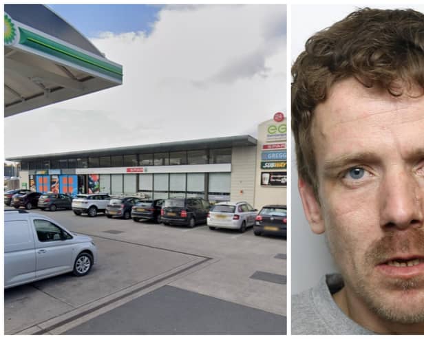 Brown stole £200 worth of vapes from the garage in Wakefield, and pulled a large knife out when the female employee challenged him. (pics by Google Maps / WYP)
