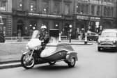 The new look in sidecars for RAC patrolmen - seen in Leeds today for the first-time in October 1959.