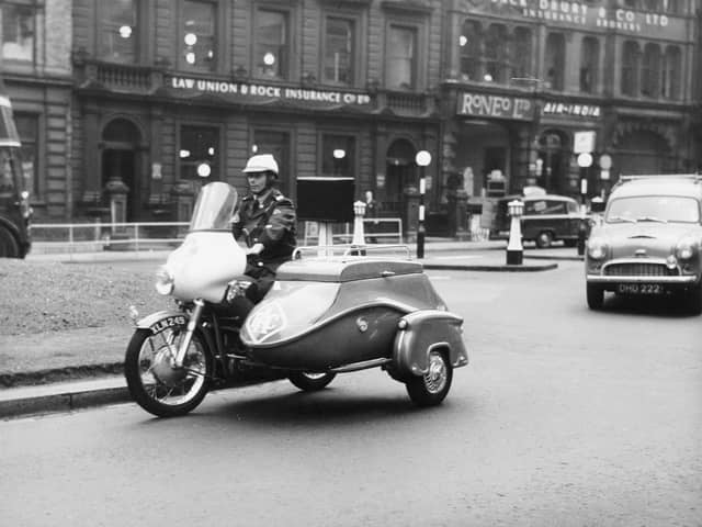 The new look in sidecars for RAC patrolmen - seen in Leeds today for the first-time in October 1959.