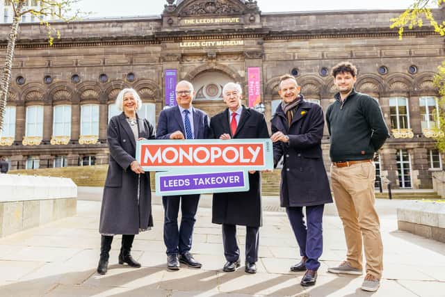 MONOPOLY Leeds Takeover is set to land in Leeds this summer. Pictured from left to right is family member Sally Watson-West, director of Leeds Civic Trust Martin Hamilton, family member John Watson, LeedsBID Chief Executive Andrew Cooper and principal keeper Matthew Storey. Photo: Submitted