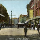 Colour-tinted postcard looking west along Boar Lane from the junction with Briggate. The Trevelyan Temperance Hotel is on the left while Sutton's Mantle Warehouse can be seen on the right. The postcard has a post date of September 6 1909.