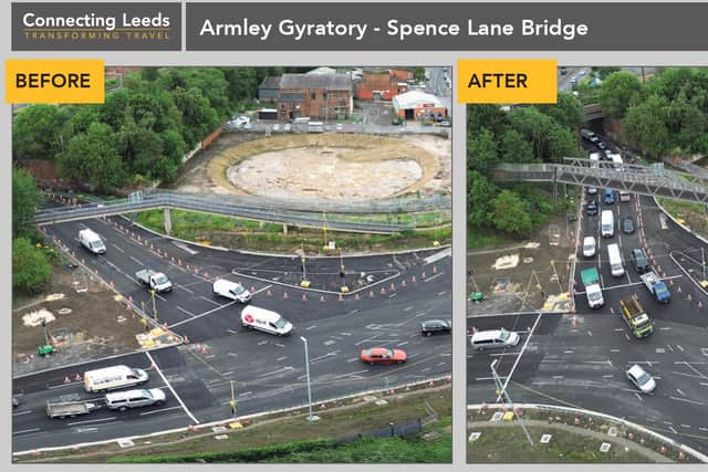 A before and after shot of the Spence Lane footbridge on Armley Gyratory (Photo by Leeds City Council)