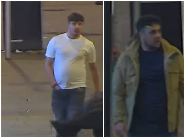 Police are hoping to identify two men in connection to an assault on Briggate in Leeds city centre in March. Picture by West Yorkshire Police