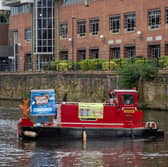 Proper Nutty sailed on the River Aire past Asda House on a canal boat today (April 25) to celebrate the supermarket giant stocking three products in its Yorkshire stores. Photo: Tony Johnson 
