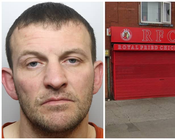 Yates (pictured) terrorised staff at the Four Square Pizza RFC shop on Airedale Road. (pics by WYP / Google Maps)