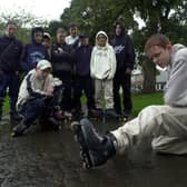 This group of youngsters launched a campaign for a skate park at Western Flatts Park  in October 2001. Pictured, front left, is Nicky Woodcock and Tom Dibb, right, with friends looking on behind.