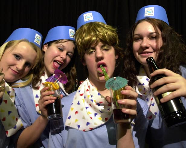 Travel reps from hell in February 2000. Pupils rehearse for their live music, dance and drama production "Searching For the Summer.  Pictured, from left, are Katherine Purcell, Kelly Lafferty, Paul Percival and Holly Naylor.