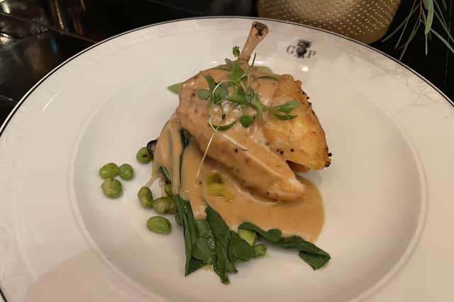 The roast chicken breast was almost impossibly juicy and served with a mushroom ragout and edamame. Photo: National World.