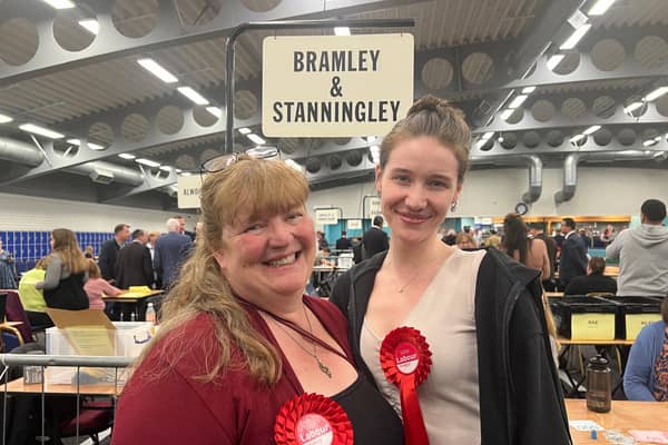 Coun Adele Rae with her daughter Lauren after retaining her seat in Bramley and Stanningley