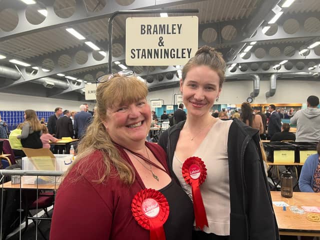 Coun Adele Rae with her daughter Lauren after retaining her seat in Bramley and Stanningley